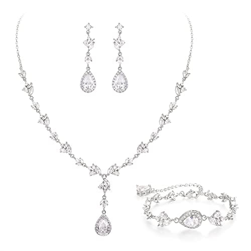Teardrop Marquise Cubic Zirconia Wedding Prom Jewelry Set for Women Bridal | Silver/Gold/Rose Gold Plated, Pear Cut Pendant Necklace Drop Earrings Link Bracelet, for Bride Bridesmaid, for Banquet Party - style: A_Three Set, Silver-Tone