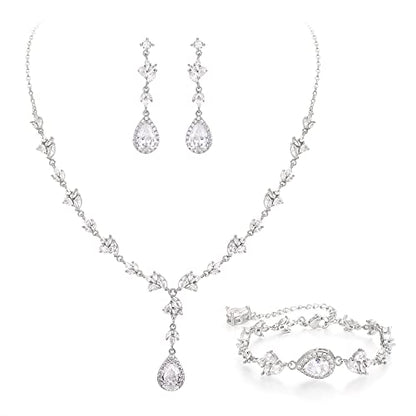 Teardrop Marquise Cubic Zirconia Wedding Prom Jewelry Set for Women Bridal | Silver/Gold/Rose Gold Plated, Pear Cut Pendant Necklace Drop Earrings Link Bracelet, for Bride Bridesmaid, for Banquet Party - style: A_Three Set, Silver-Tone