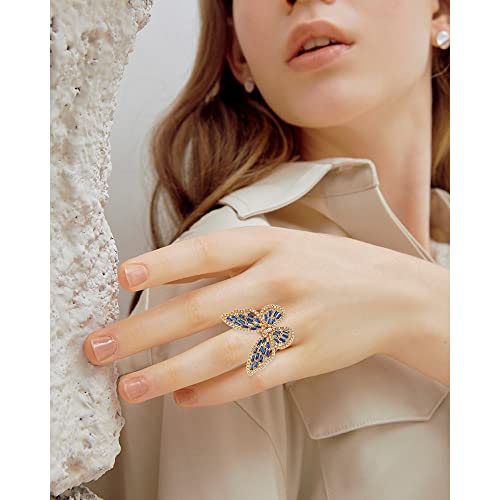 Butterfly Rings for Women Adjustable Golden Cocktail Ring Sparkly Stones Statement Silver Bow Open Wrap Bow Jewelry Bridesmaids Wedding Valentine’s Day Gift Lover Mother - color: JZ03-Gold Blue