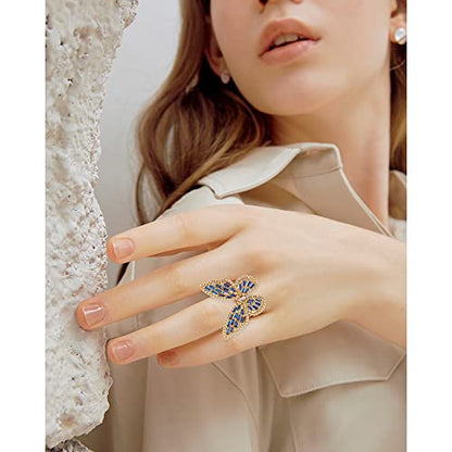 Butterfly Rings for Women Adjustable Golden Cocktail Ring Sparkly Stones Statement Silver Bow Open Wrap Bow Jewelry Bridesmaids Wedding Valentine’s Day Gift Lover Mother - color: JZ03-Gold Blue