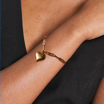 Stainless Steel Puffy Heart Charms Paperclip Chain Bracelet | Paper Clip,for Women,Love - color: 18K Gold Color
