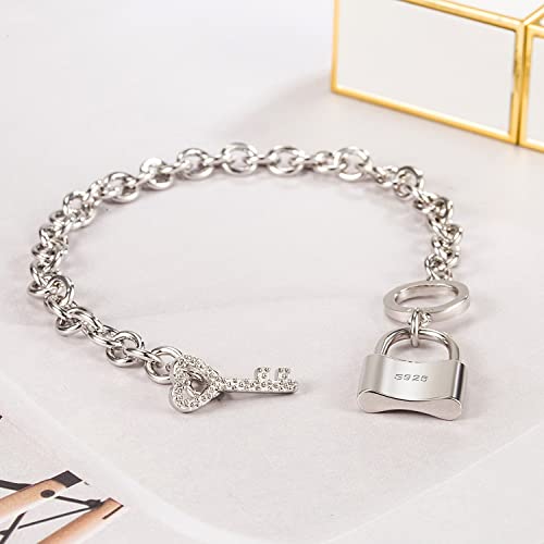 H&Beautimer 925 Sterling Silver Bracelet For Women's - Italian Handmade Rolo Chain 6.3, 6.7, 7.1, 7.5, 8 Inch - AAAAA CZ Zircon Heart/Lock Pendant Bracelet - Fine Jewelry - color: Silver, size: 6.7 inches