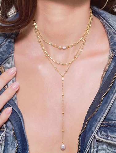 Trendy Long Lariat Necklaces for Women, Drop Cross Rosary Chain Necklace | Dainty Stackable Layered Y-Shaped Pendant Necklace Jewelry Set with Zircon and Pearl, 16K Gold Plated, Silver