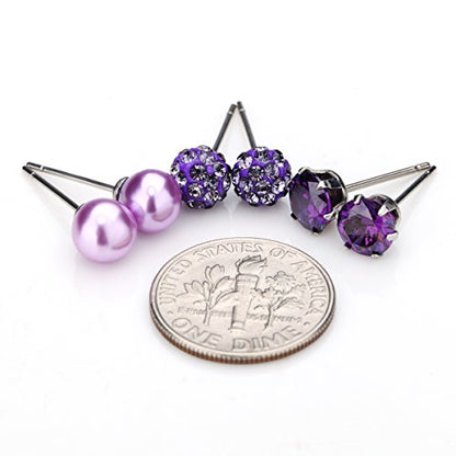 JewelrieShop Birthstone Studs Earring Set Cubic Zirconia Rhinestones Crystal Ball Faux Pearl Stainless Steel Stud Earrings for Women Jewelry Gift (6mm Round,3 Pairs) - color: 2) Feb. - Purple