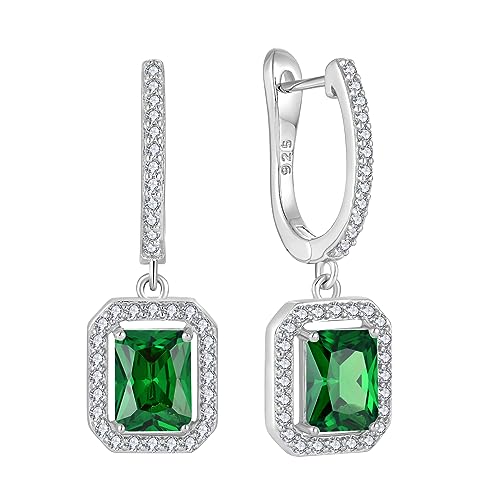 Women's Solitaire Dangle Drop Earrings 925 Sterling Silver Pure Square Huggie Earrings Hoop Dangle Drop Earrings Jewelry Gift - color: 05-emerald-May