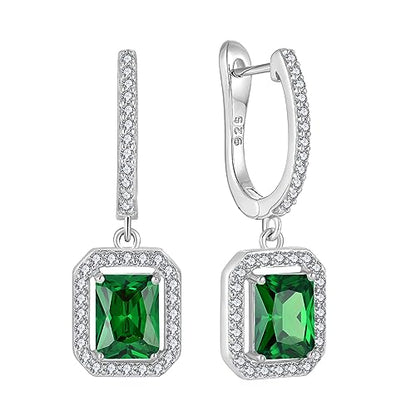 Women's Solitaire Dangle Drop Earrings 925 Sterling Silver Pure Square Huggie Earrings Hoop Dangle Drop Earrings Jewelry Gift - color: 05-emerald-May