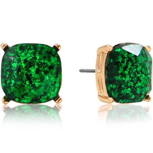 Large Square Stud Earrings for Women - Big Sparkly Rhinestone Studs | Plated in Gold Tone or Silver Tone, Hypoallergenic and Safe for Sensitive Ears - color: Green Glitter