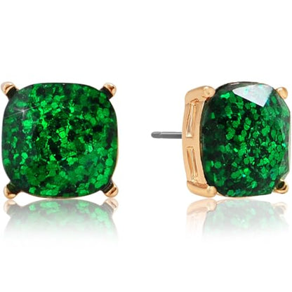 Large Square Stud Earrings for Women - Big Sparkly Rhinestone Studs | Plated in Gold Tone or Silver Tone, Hypoallergenic and Safe for Sensitive Ears - color: Green Glitter