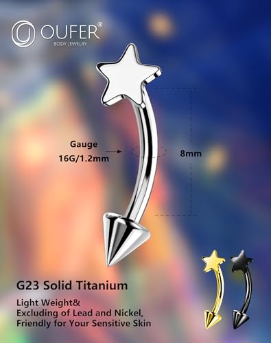 OUFER Rook Piercing Jewelry, G23 Solid Titanium Eyebrow Rings, Heart Vertical Labret Lip Jewelry, 16G Curved Barbells, Daith Rook Earrings for Women Men - color: Gold Black Silver Star, size: 16G 8mm