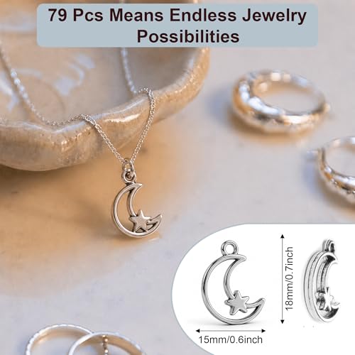 Heather's cf Star Charms for Jewelry Making Silver Tibetan Star Moon Snowflake Pendants Non Tarnish Metal Earring Charm for Bracelets Necklaces Earrings DIY Jewelry Making Supplies - color: Silver Moon - 79Pc