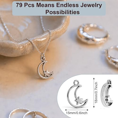 Heather's cf Star Charms for Jewelry Making Silver Tibetan Star Moon Snowflake Pendants Non Tarnish Metal Earring Charm for Bracelets Necklaces Earrings DIY Jewelry Making Supplies - color: Silver Moon - 79Pc