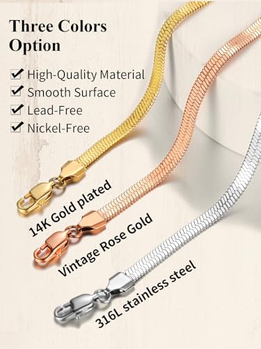 ChainsHouse Flat Snake Chain Herringbone Choker Necklace for Women, Stainless Steel/Rose Gold/18K Gold Plated Dainty Adjustable Simple Short Layered Necklaces, 12"/15"/18" with 3.5" Extender - color: a. 14k gold plated-5mm
