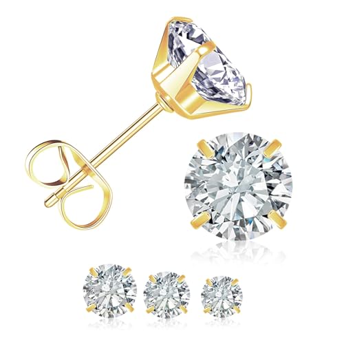 6 Pairs Stud Earrings for Women, 14K Gold Plated Hypoallergenic 316L Surgical Stainless Steel Earrings Studs Sets Cubic Zirconia Cartilage Earrings - color: Gold- 3 Pairs- 4 5 6mm