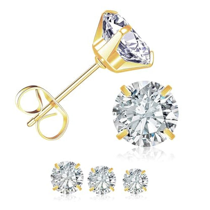 6 Pairs Stud Earrings for Women, 14K Gold Plated Hypoallergenic 316L Surgical Stainless Steel Earrings Studs Sets Cubic Zirconia Cartilage Earrings - color: Gold- 3 Pairs- 4 5 6mm