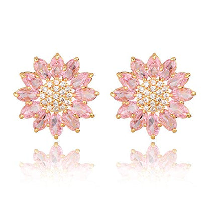 Crystal Flower Burst Stud Earirings - Big Sterling Silver CZ Cubic Zirconia Rhinestone Daisy Sunflower Floral Cluster Studs Bridal Wedding Party Prom Costume Jewelry for Bride Bridesmaids Women Birthstone Birthday Gift - color: Pink