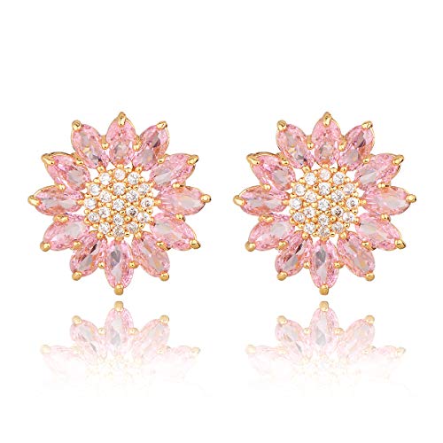 Crystal Flower Burst Stud Earirings - Big Sterling Silver CZ Cubic Zirconia Rhinestone Daisy Sunflower Floral Cluster Studs Bridal Wedding Party Prom Costume Jewelry for Bride Bridesmaids Women Birthstone Birthday Gift - color: Pink