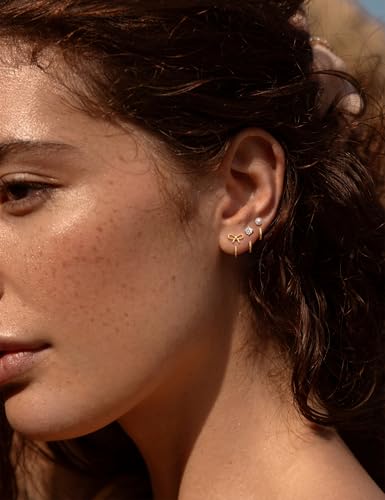 Freekiss 3 Pairs Backless Half Hoop Earrings Set for Women | 14K Gold Plated CZ Stay Close Hoop Earrings, Hypoallergenic Huggie Stackable Earring for Everyday & Sleep Wear Jewelry Gift - color: Pearl Bow CZ-GD