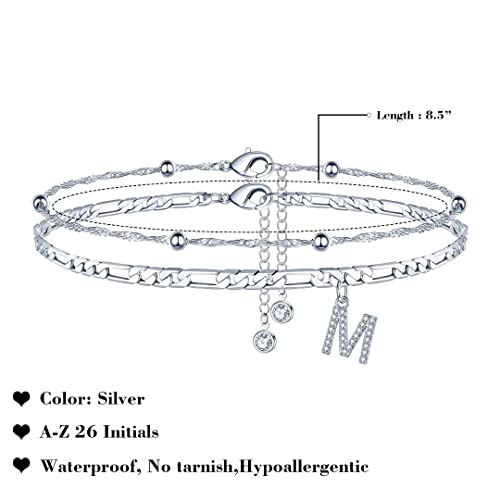 Ankle Bracelets for Women, 14K Gold Plated Dainty Layered Chain CZ Initial Anklets Summer Jewelry Gifts for Women - style: M-Silver