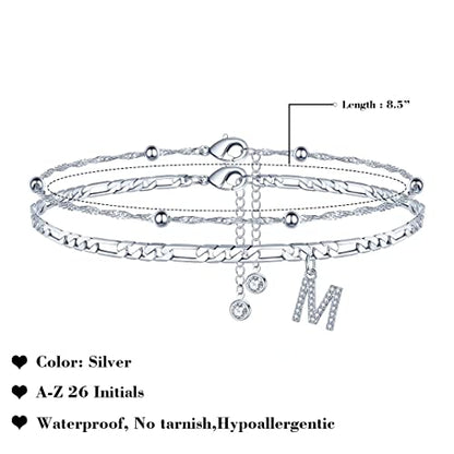 Ankle Bracelets for Women, 14K Gold Plated Dainty Layered Chain CZ Initial Anklets Summer Jewelry Gifts for Women - style: M-Silver