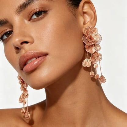 Dangle Flower Gold Earrings for Women, Trendy Statement Hoop Earrings, Gold Floral Drop Earrings Jewelry for Gifts - color: Long Flower - Gold