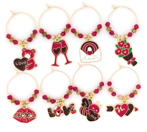Pixie Valentine’s Day Wine Charms 8-Piece Set – Red & Gold Enamel Hearts, Wine Glass Markers for Parties, Gifts & Party Favors