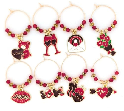 Pixie Valentine’s Day Wine Charms 8-Piece Set – Red & Gold Enamel Hearts, Wine Glass Markers for Parties, Gifts & Party Favors