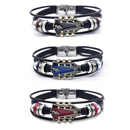 3 Set Retro Guitar Leather Bracelet For Man, Handmade Braided Zinc Alloy Rock Music Multi-Layer Wrap Bracelets Unique Punk Style Gifts Jewelry - color: 3 Pcs Set