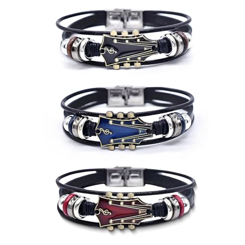 3 Set Retro Guitar Leather Bracelet For Man, Handmade Braided Zinc Alloy Rock Music Multi-Layer Wrap Bracelets Unique Punk Style Gifts Jewelry - color: 3 Pcs Set