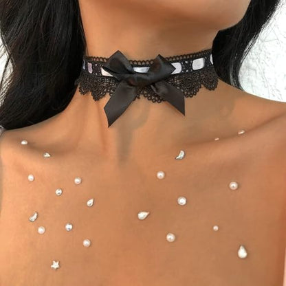 Asphire Sexy Lace Bow-knot Collar Choker Necklace Kawaii Lolita Heart Flower Choker Tie Cravat Jewelry Gift for Women Girls - color: Black