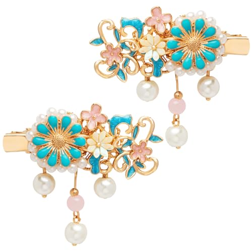 A Pair Wedding Hair Clips, Handmade Floral Design Crystal Hair Clips Pearl Barrettes, Rhinestones Flower Clips Pearl Headpieces Hair Pins Hair Accessories for Women Girls (Blue Flower) - color: Blue Flower