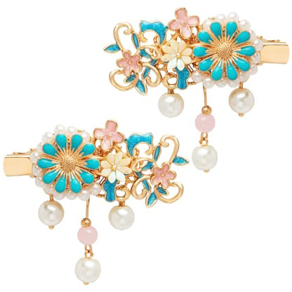 A Pair Wedding Hair Clips, Handmade Floral Design Crystal Hair Clips Pearl Barrettes, Rhinestones Flower Clips Pearl Headpieces Hair Pins Hair Accessories for Women Girls (Blue Flower) - color: Blue Flower