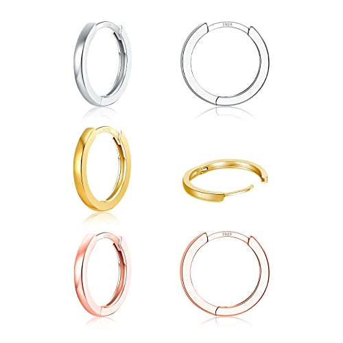 3 Pairs 925 Sterling Silver Hoop Earrings 14K White Gold Plated Small Silver Hoops Cartilage Huggie Earrings for Women Men - color: F-3 Colors 8mm