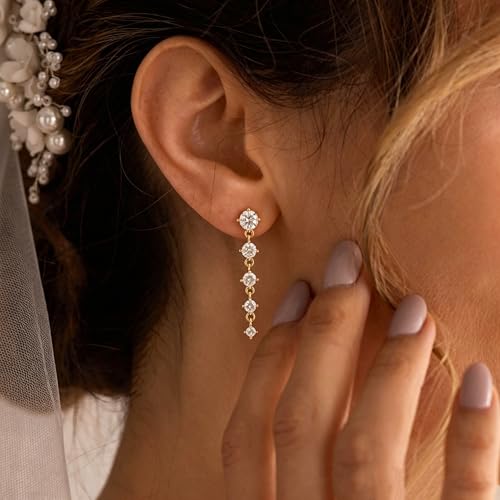 Dangle Earrings for Women, Dainty Teardrop Drop Earrings 14K CZ Flower Gold Earrings for Women Trendy Bridal Earring Set Hypoallergenic Stud Dangly Earring Stack Wedding Prom Fashion Jewelry - color: 5cz drop earrings