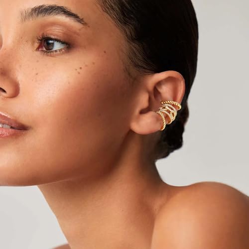 MEVECCO Ear Cuffs Non Piercing 18K Gold Plated Ear Cuff Earring Sets Clip on Cartilage Cubic Zirconia Pearl Minimalist Hypoallergenic Fake Hoop Earrings Stack Women Gifts - style: 3pcs-Twist