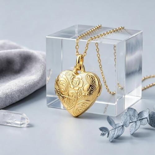 YOUFENG Love Heart Locket 14K Gold-Filled Oval Circle Rectangle Lockets that Hold Pictures Floral Patterns Necklace for Women - style: Gold Heart