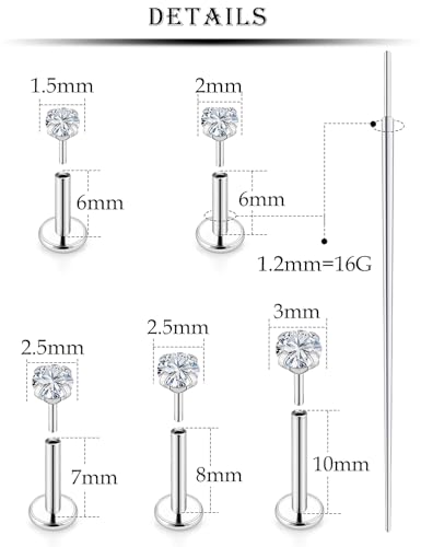 20G 18G 16G Nose Rings Studs 316L Surgical Steel Flat Back Threadless Push in Nose Studs Screw L-Shaped Nose Rings Tragus Cartilage Helix Earrings Piercing Jewelry for Women Men - color: 16G-6/7/8/10mm Bars-1.5/2/2.5/3/4mm CZ