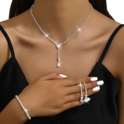 MIFYNN Rhinestone Wedding Set for Women Sparkle Crystal Earrings Necklace Bracelet Jewelry Set Wedding Party Prom Jewelry Set for Brides Bridesmaid - color: Silver