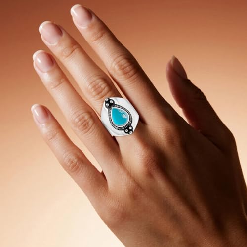 Natural Waterdrop Stone Wide Band Ring,Sterling Silver Genuine Teardrop Crystal Quartz Gemstone Statement Wide Chunky Full Finger Band Ring for Women - color: A02_Aquamarine