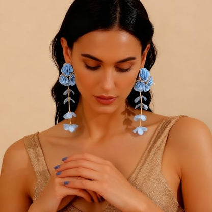 Fabric Flower Earrings for Women Colorful Long Tassel Floral Drop Earrings Fashion Boho Exaggerated Statement Beach Party Jewelry - color: blue
