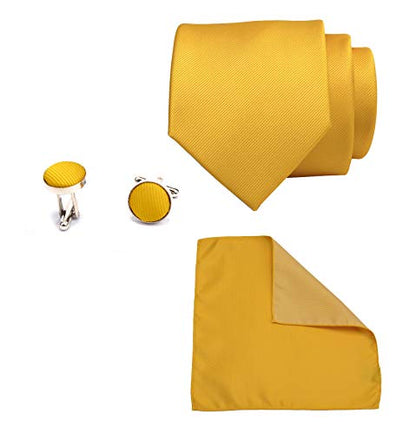 GUSLESON 3.15"（8cm） Solid Color Necktie and Pocket Square Cufflinks Sets For Men + Gift Box - color: Gold