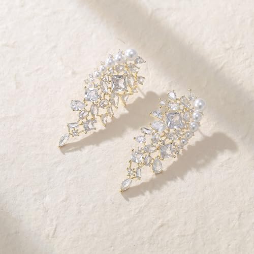Crysdue Simulated Pearl Earrings for Women, Dainty Silver/Gold/Rose Gold Plated Cubic Zirconia Drop Dangle Earrings Wedding Jewelry for Bride Bridesmaid - style: J_Gold