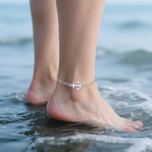 925 Sterling Silver Cat Butterfly Anklets Double Layered Chain for Birthday Women Ankle Bracelet Summer Beach Dainty Jewelry - style: Anchor Anklet