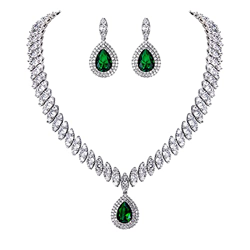 EVER FAITH CZ Marquise Leaf Teardrop Wedding Prom Jewelry Set for Women | Birthstone Pendant Necklace Dangle Earrings - color: Green