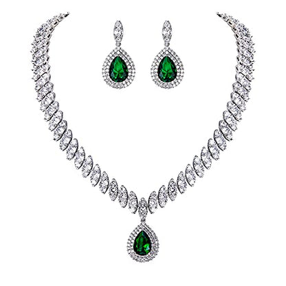 EVER FAITH CZ Marquise Leaf Teardrop Wedding Prom Jewelry Set for Women | Birthstone Pendant Necklace Dangle Earrings - color: Green