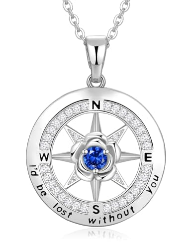 Meeshi Silver Compass Necklace for Women Birthday Gifts for Wife Anniversary Necklace for Women Rose Flower Birthstone Necklaces for Wife Jewelry for Womens Girlfriend Mom Daughter - style: 09-September-Sapphire