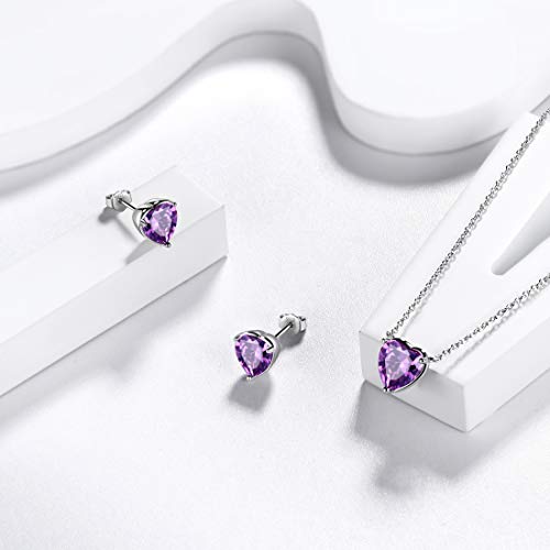 Aurora Tears Hearts Necklace Earrings Jewelry Sets - Women 925 Sterling Silver Birthstone Pendants Earrings Set Crystal Wedding Birthday Jewelry - color: B.February-set
