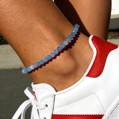 Natural Stone Beaded Anklets for Women, Handmade Boho Clear Quartz 4mm Crystal Beads Anklet, Gold Chain Adjustable Ankles Bracelet, Beach Summer Jewelry Gemstone Foot Bracelet Gift - color: Aquamarine