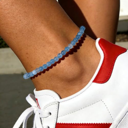 Natural Stone Beaded Anklets for Women, Handmade Boho Clear Quartz 4mm Crystal Beads Anklet, Gold Chain Adjustable Ankles Bracelet, Beach Summer Jewelry Gemstone Foot Bracelet Gift - color: Aquamarine