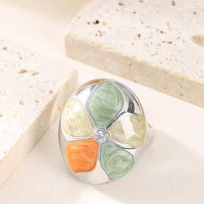 Kokoma Fashion Floral Statement Ring for Women Multi-Color Enamel CZ Crystal Accent Flower Chunky Finger Ring Band Promise Engagement Rings Expandable