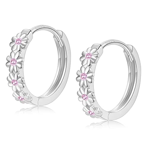 Sterling Silver Hoop Earrings for Women, Dainty Small Huggie Hoop Earrings | Hypoallergenic Daisy Color Cubic Zirconia Flower Hoops Earring Jewellery Gifts for Ladies Birthday Wedding, 12mm Hoop - color: Pink